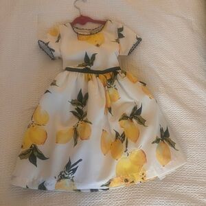 Girls' White Lemon-Print Casual Dress with Green Trim